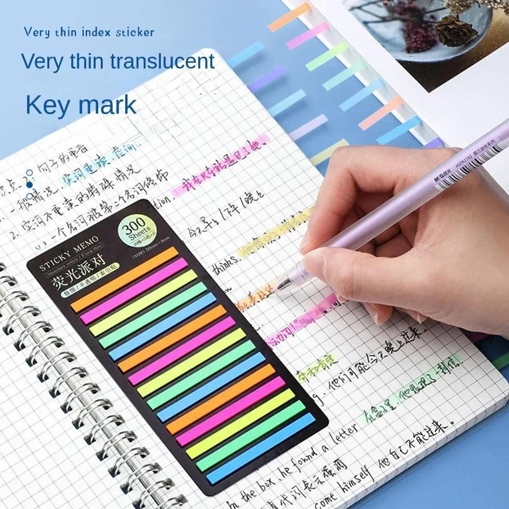 

Rainbow Long Index Stickers 300 Sheets Fluorescent PET Waterproof Color Note Marking Key Semi Transparent Sticky Notes