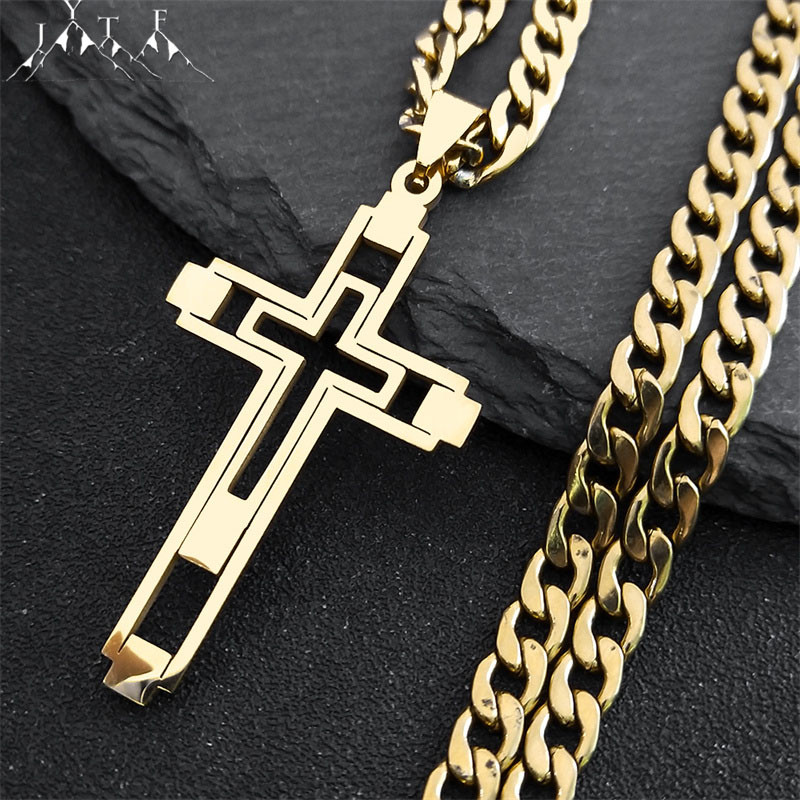 

2024 Hip Hop Cross Stainless Steel Chain Necklaces Gold Color Long Pendant Necklace for Women/Men Jewelry collier homme N6055S05