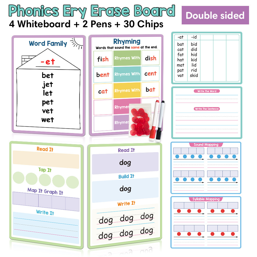

4 PCS Phonics CVC Words Dry Erase Whiteboard Word Family Handwriting Double Sided CVC Chip for Kid Preschool Teaching Aid