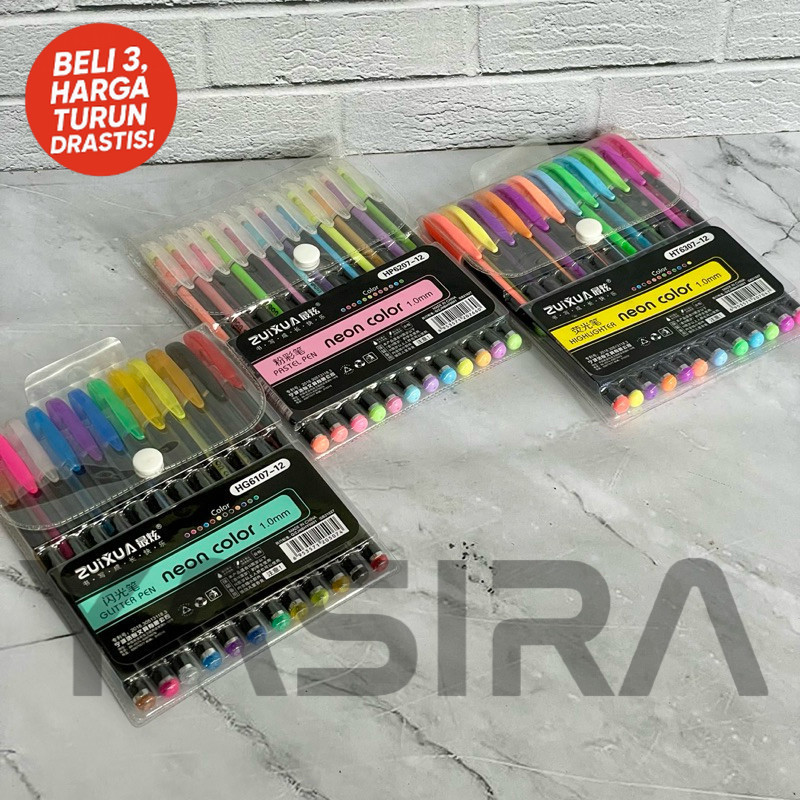 

SATU SET 12 WARNA Gel Pen Glitter Neon Color Zuixua 1.0mm Pastel Pen Highlighter Pen Glitter Pen