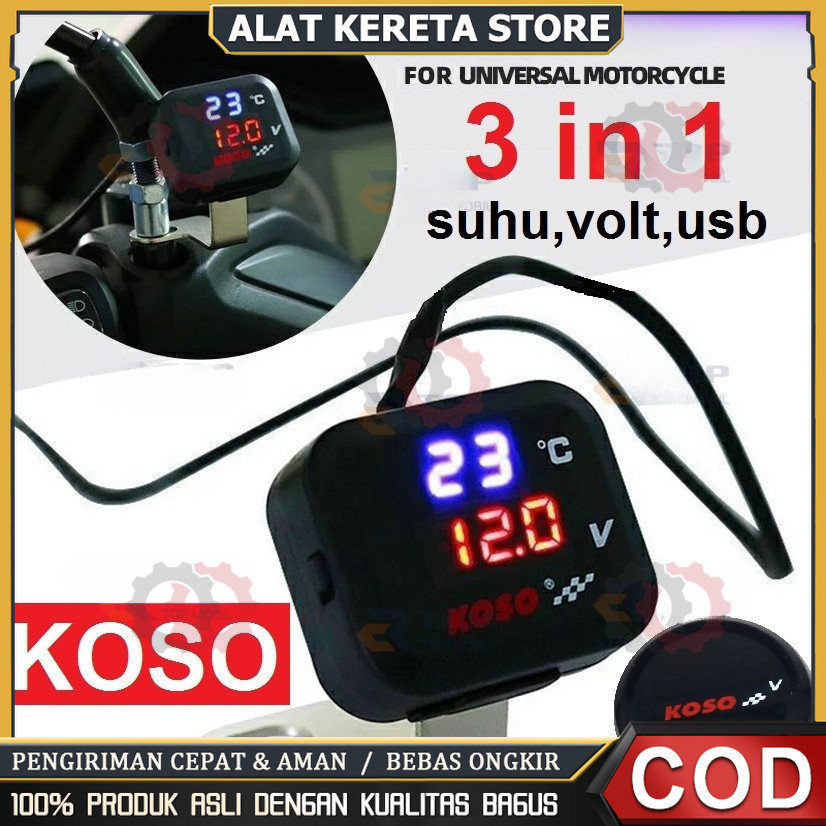 Voltmeter Koso 3 In 1 USB Charger Universal SEMUA MOTOR Anti Air Original Termometer Digital Jam Suh