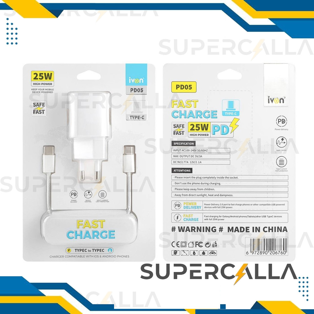 iVON Fast Charge 25W High Power ADAPTER FAST CHARGER Batok dan Kabel Data Type-C Android IOS PD05