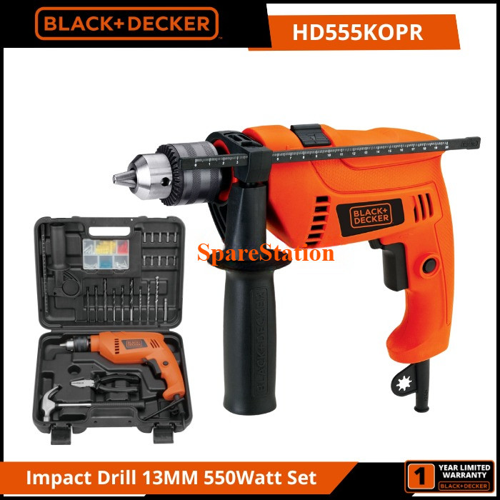 Black+Decker HD555KOPR Mesin Bor Tembok Listrik 13MM Impact Drill Hammer Drill 550Watt Set 88Pcs