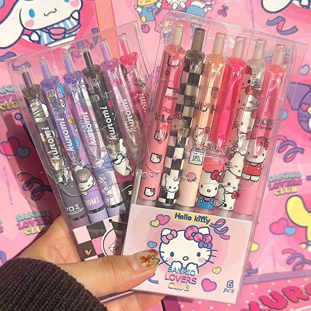 

MINISO 6pcs/Set Kawaii Cinnamoroll 0.5mm Gel Pens Set Cute Hello Kitty Black Pen Cartoon School Stationery Supplies Gift
