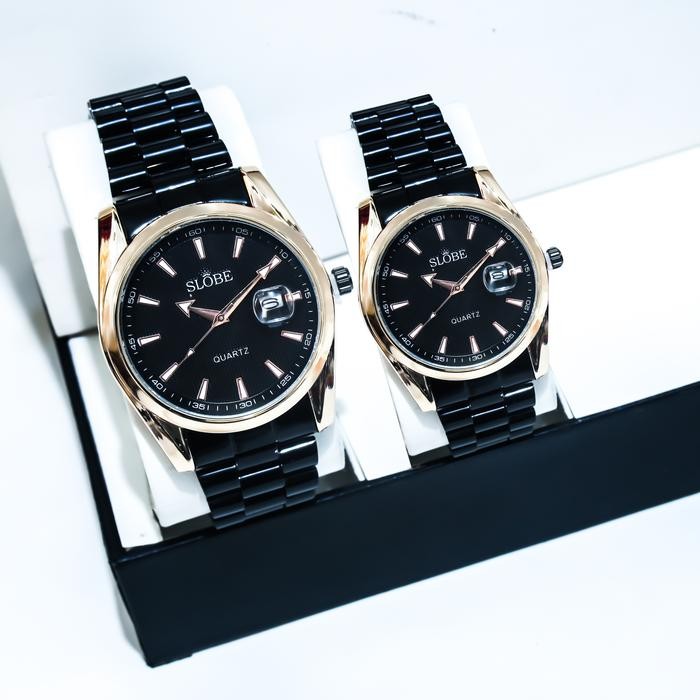 SLOBE Jam Tangan Couple Besi Rantai Analog Free Box Kode 3.Couple.3 - Hitam Mix Gold