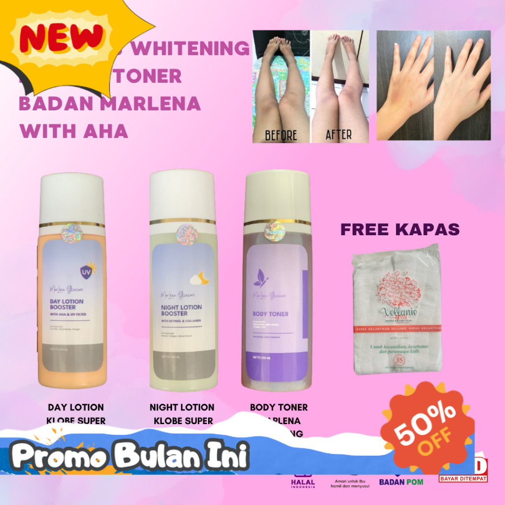 ready PAKET isi 3 SUPER WHITENING HB KLOBE STRONG SIANG MALAM DAN TONER BADAN MARLENA FREE KAPAS mar