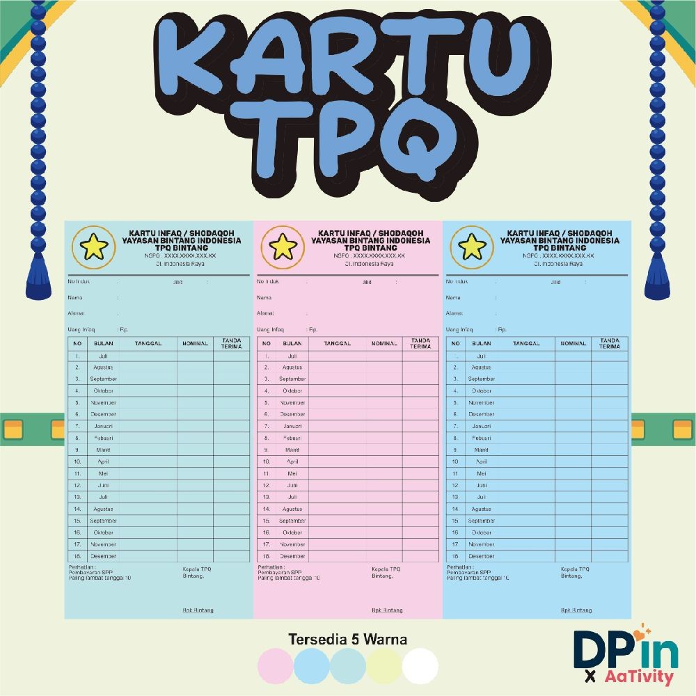 

Kartu Infaq/Shodaqoh TPQ Kekinian isi 12 Kartu – Desain Warna Menarik, Bisa Custom Nama TPQ dan Logo TPQ!