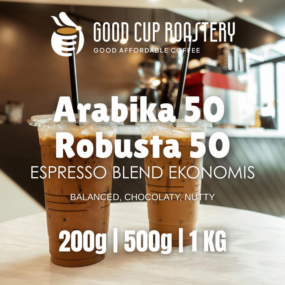

Biji Kopi Blend 50/50 Arabika Robusta Ekonomis Espresso Kopi Susu by Good Cup Roastery
