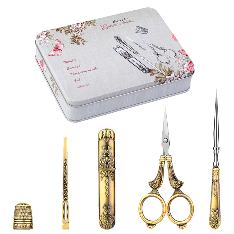 

IMZAY Retro Scissors Set With Vintage Scissors Stainless Steel Awl Needle Case Thimble Tailor Sewing Scissors Tools Kit