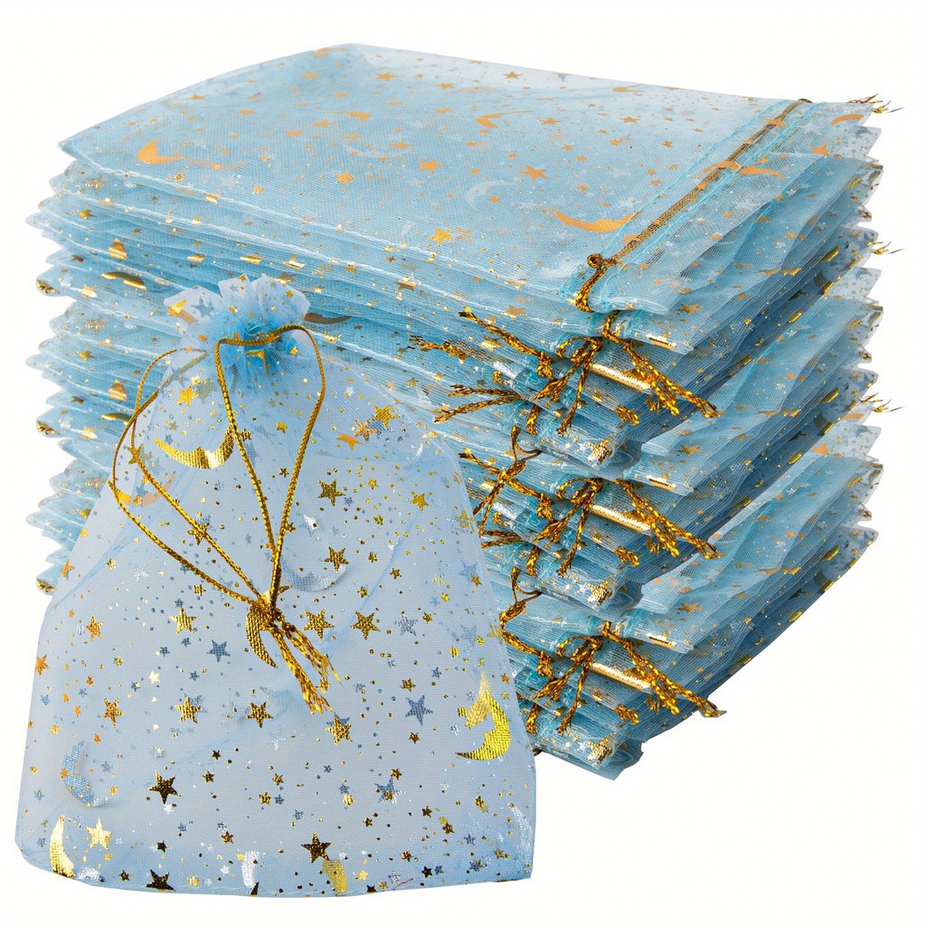 

50PCS Light Blue Moon Stars Drawstring Organza Bags Jewelry Gift Bags Pouches Organza Favor Pouches for Wedding