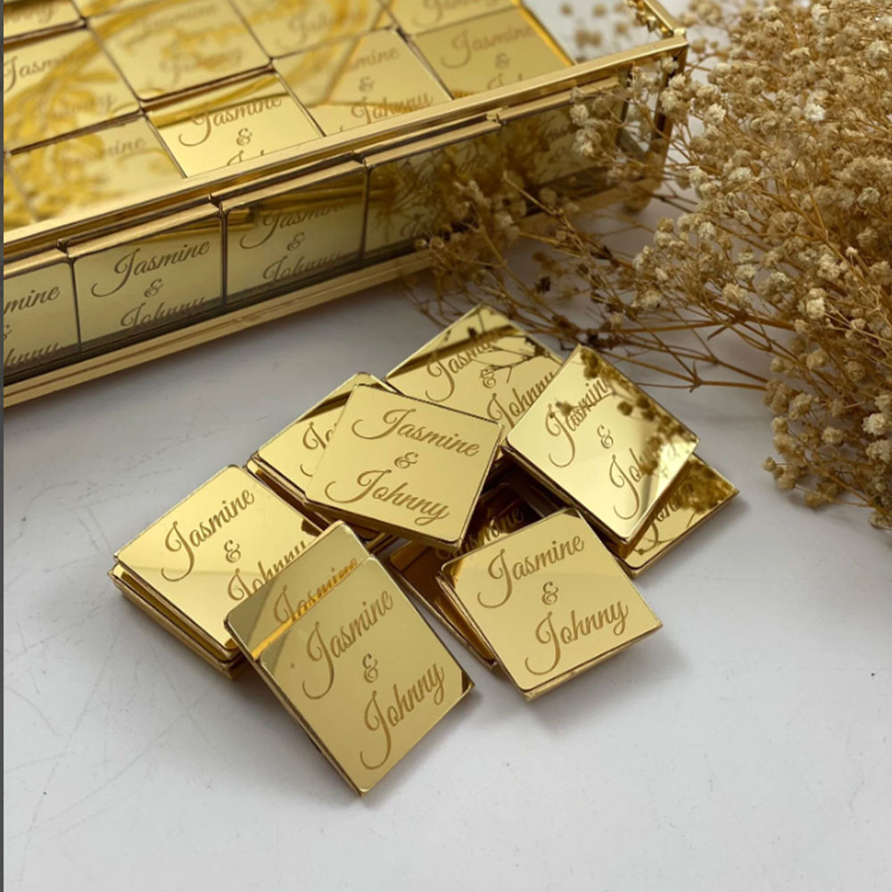 

Personalized Mirror Square Tag For Chocolate Custom Wedding Name Cupcake Charms Engraved Baptism Birthday Party Decoration