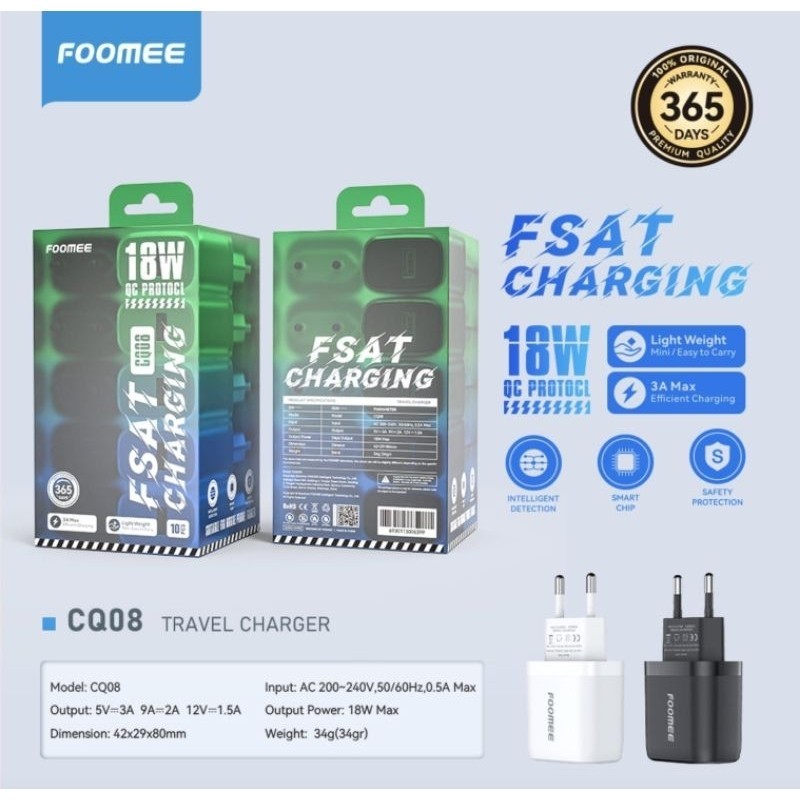 FOOMEE CQ08 TRAVEL CHARGER 18W QC PROTOCOL(1Toples isi 10Pcs) FAST CHARGING 1USB PORT 100%ORIGINAL