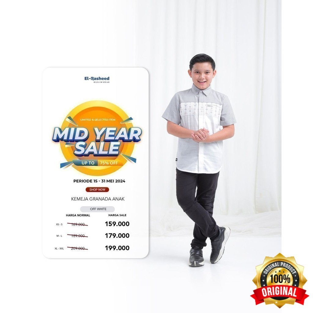 YJO - YASMEERA EL_RASHEED Kemeja Koko Anak Lengan Pendek Granada Warna Putih Olive Original