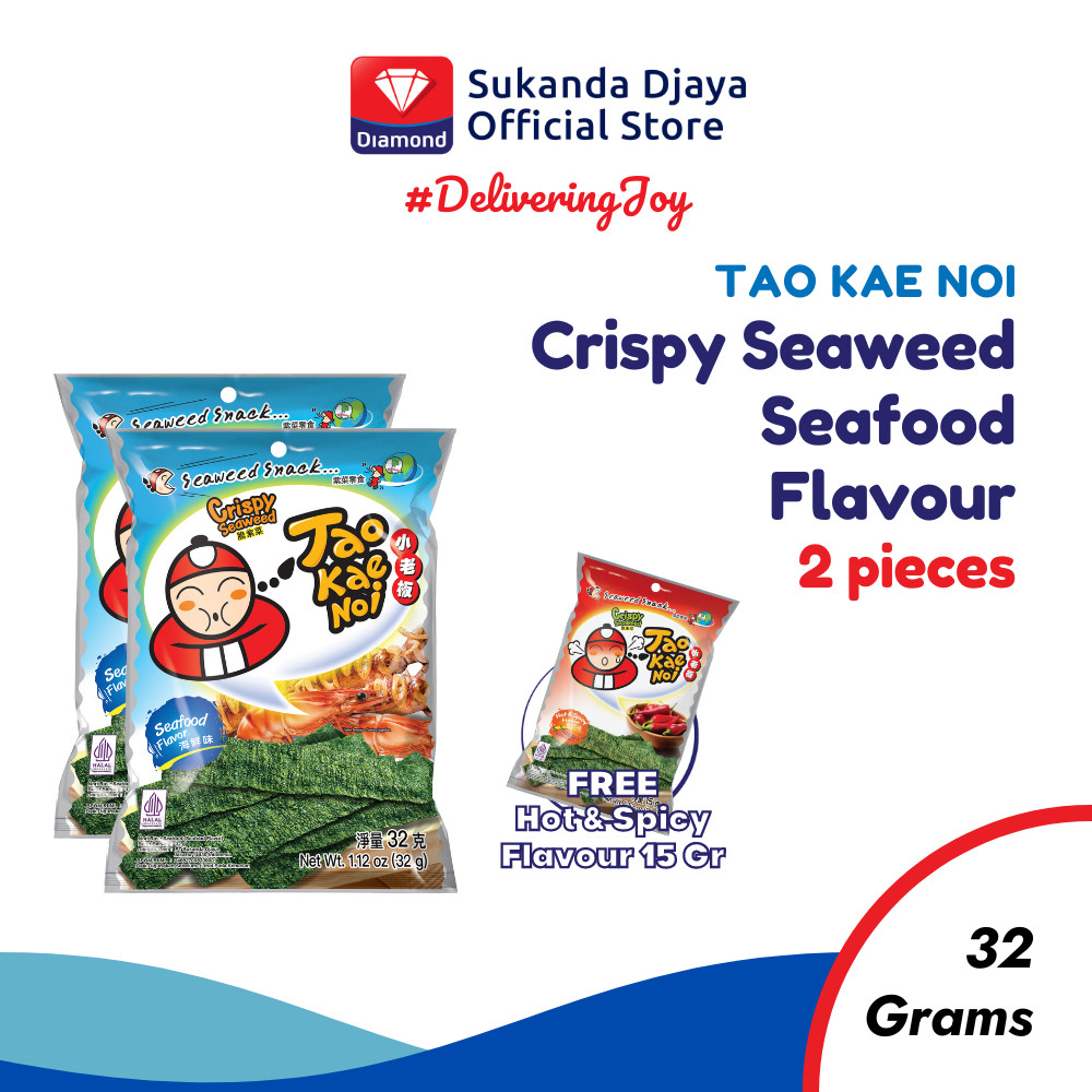 

Tao Kae Noi Crispy Seaweed Seafood Flavour 32 Gr ISI 2 [Free Hot & Spicy Flavour 15 Gr]