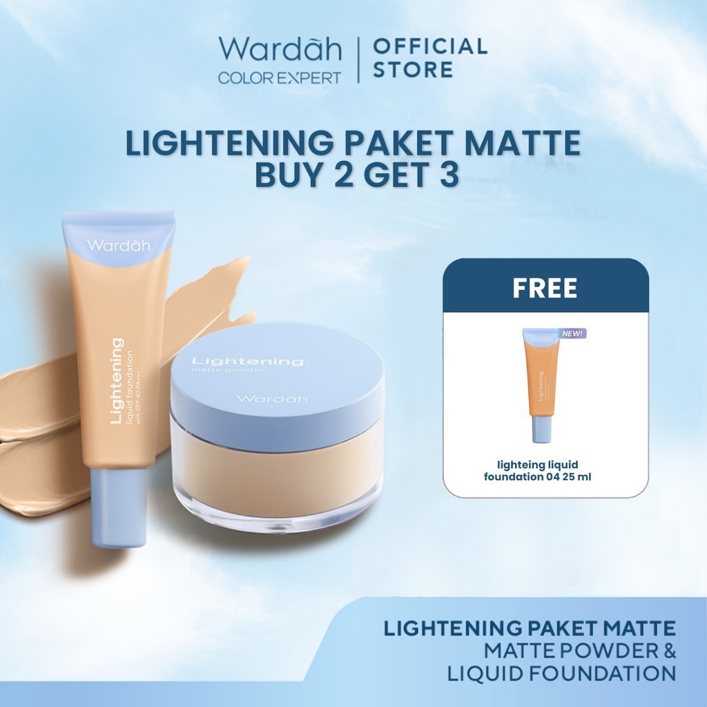 Wardah Paket Lightening Paket Matte Powder 02 20 g + Liquid Foundation 02 25 ml, Mencerahkan dan Mer