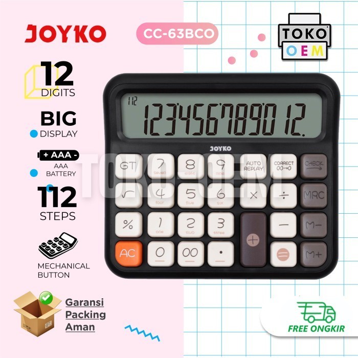 

JOYKO KALKULATOR WARNA PASTEL CC-63ACO CC-63BCO KALKULATOR LUCU 12 DIGITS MECHANICAL BUTTON - CC-63BCO BROWN