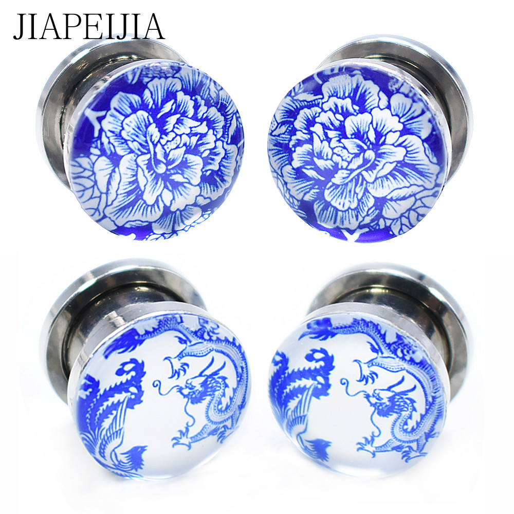 Blue and White Porcelain Ear Tunnels and Plugs Ear Stretching Expander Piercing Gauge for Ear Stud E