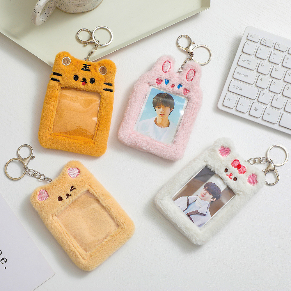 

Cute Plush Kpop Photocard Holder with Keychain, Cartoon Bear Photo Sleeve ID Bank Credit Card Holder Protector
