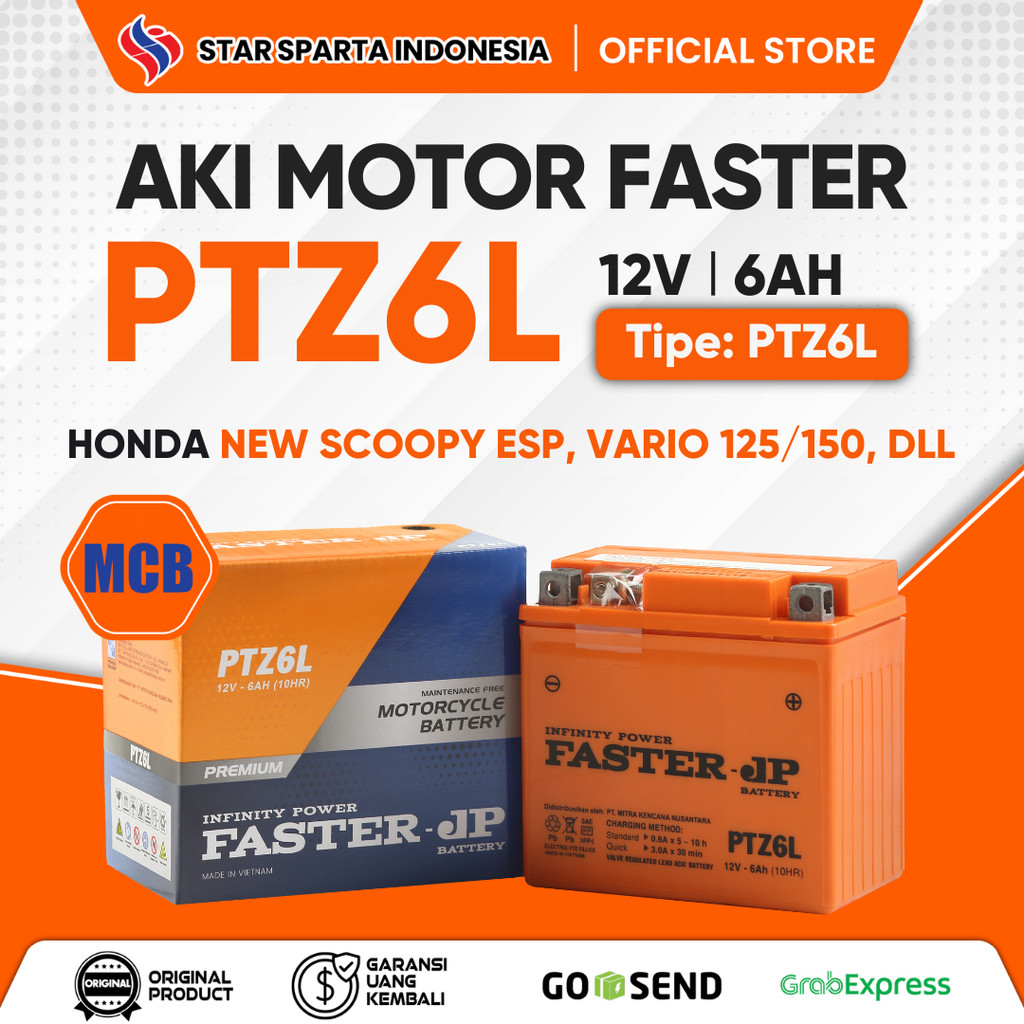 Faster JP - Aki PTZ6L 12V6Ah untuk Honda New Scoppy ESP, Vario 125/150