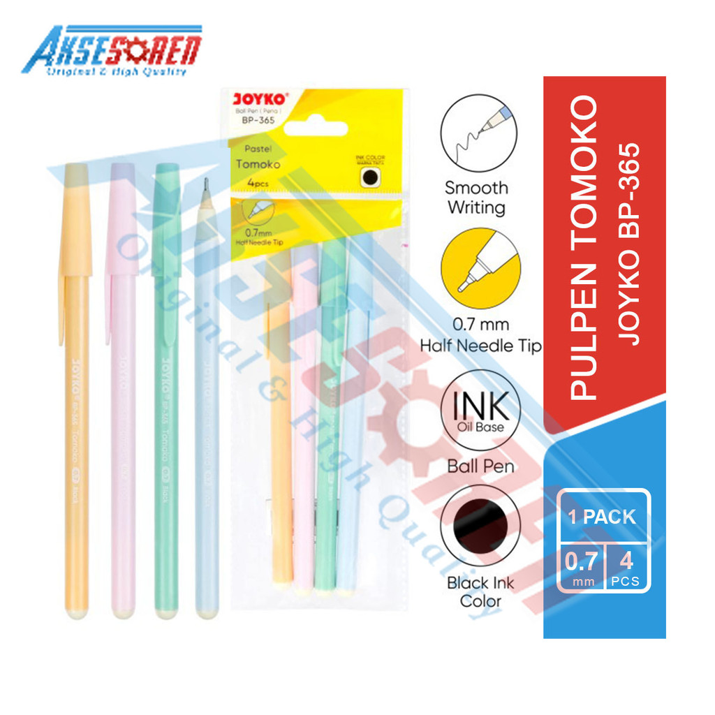 

Aksesoren Pulpen Joyko BP-365 [1 Pack/4 Pcs] / Ballpen Tomoko 0.7 mm Tinta Hitam / Bulpen Alat Tulis Sekolah / Pena