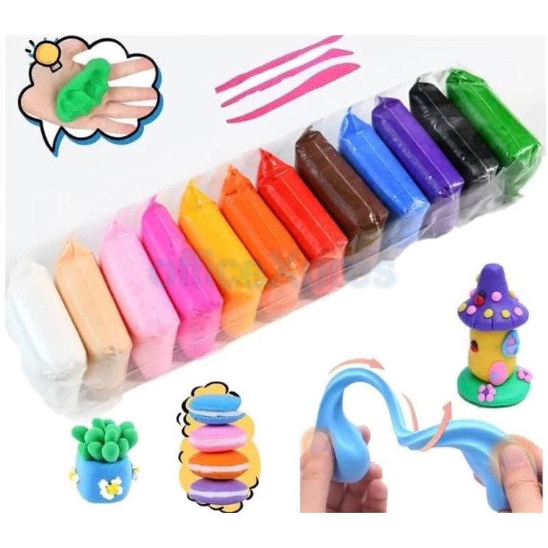 (baru) MAINAN CLAY ANAK 1 PACK ISI 12 CLAY POLYMER/SOFT CLAY ISI 12pcs PLUS ALAT MAIN - MAINAN CLAY 