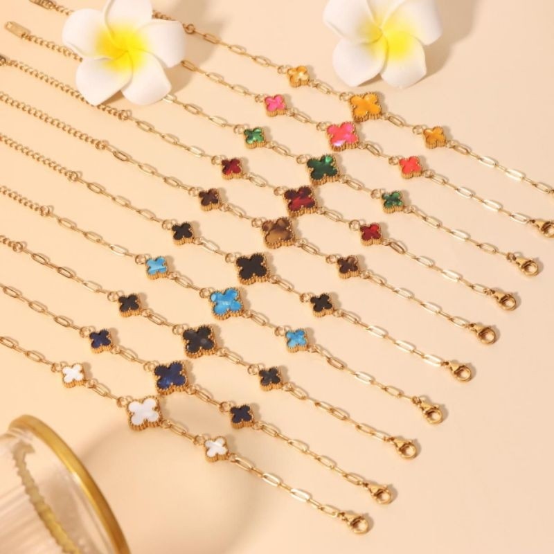 Avil Shop Gelang Clover Paperclip rantai oval titanium asli lapis emas 18k anti karat