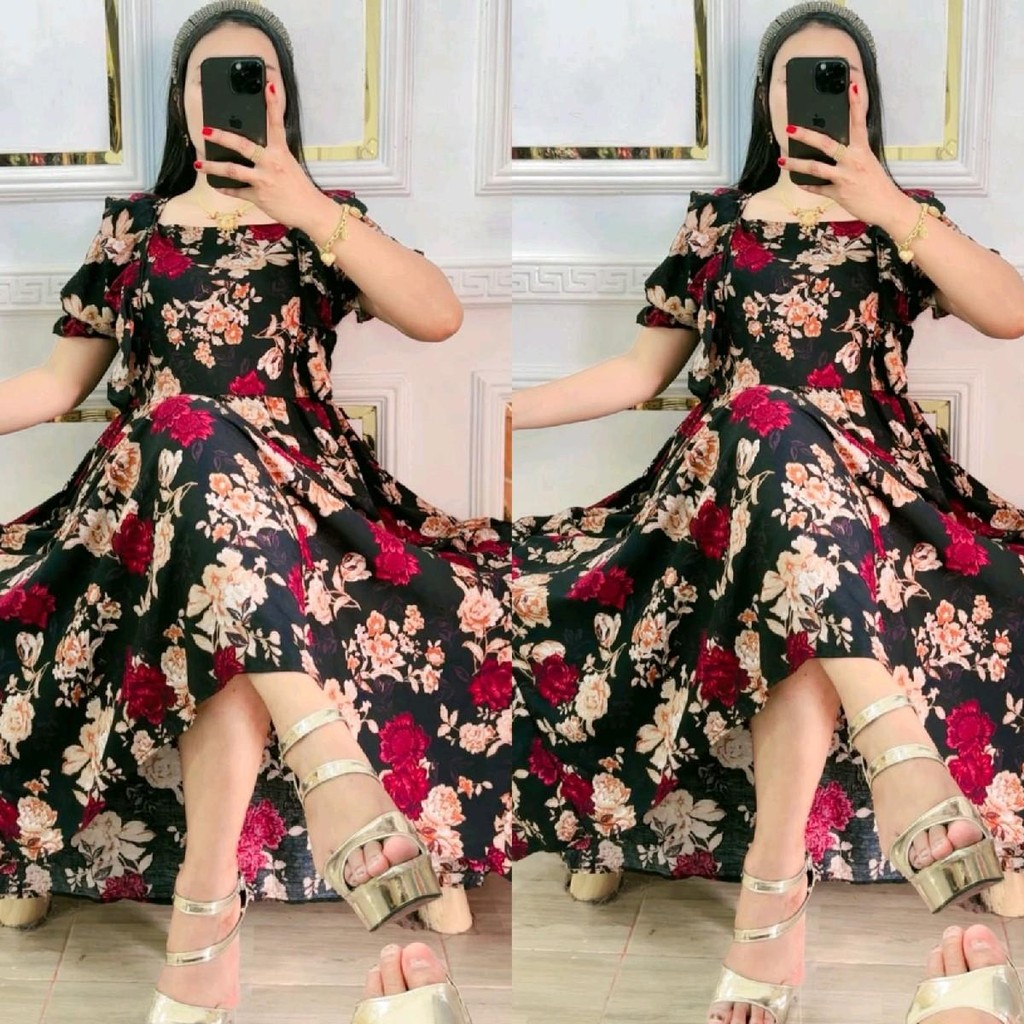 Ciby Haruka - Baju Wanita Dress Rempel Tali Silang belakang Katun Rayon Tangan Pendek