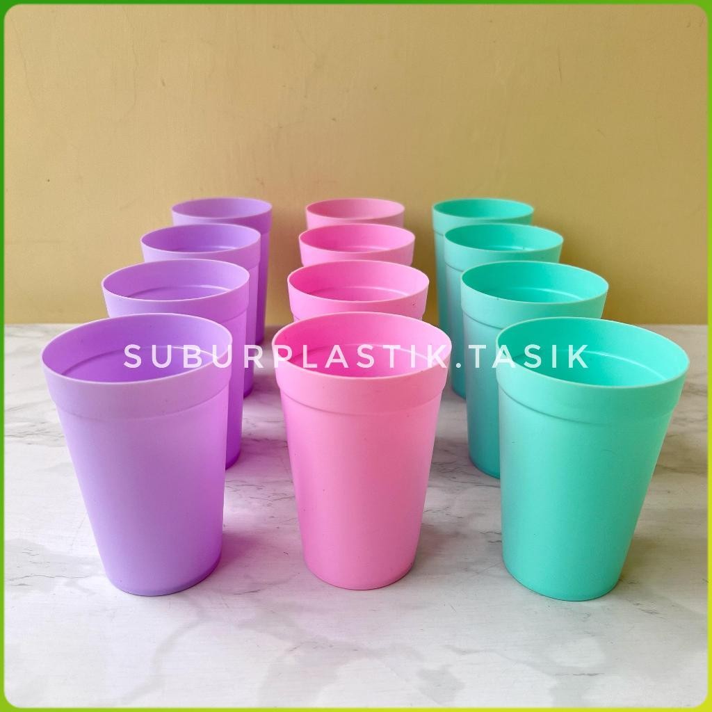 Promo 24 pcs Gelas Minum Plastik Pastel Lovenia 300ml Cangkir Air Hajatan Ungu Pink Hijau Murah - CC