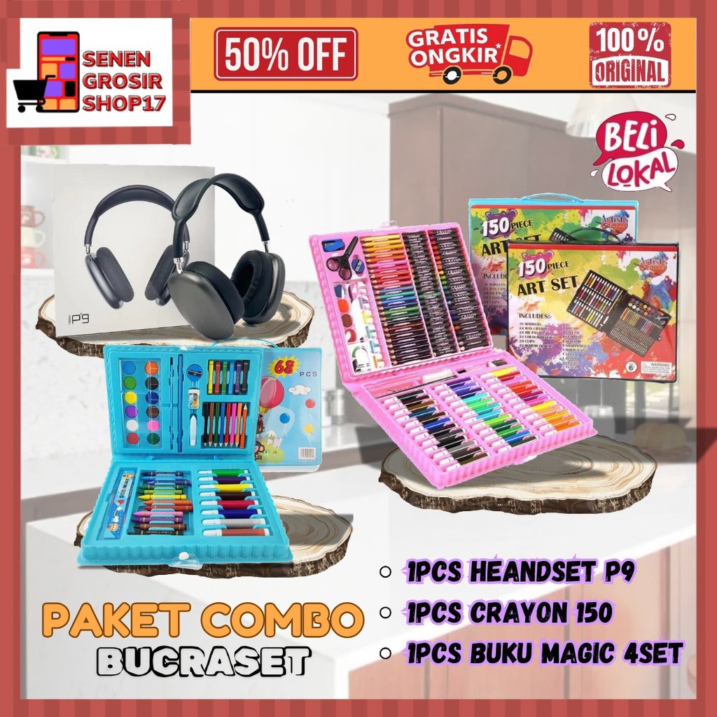 

SN COD PAKET COMBO BUCRASET ( 1PCS HEANDSET P9 , 1PCS CRAYON 150 , 1PCS BUKU MAGIC 4SET )