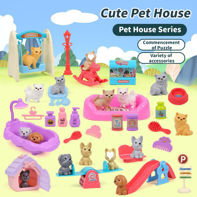 Cute Cat Dog Pet Basket Family Toys Pretend Play Toy Dog Doll Set Mini Animal Scene Playing Toys Chi