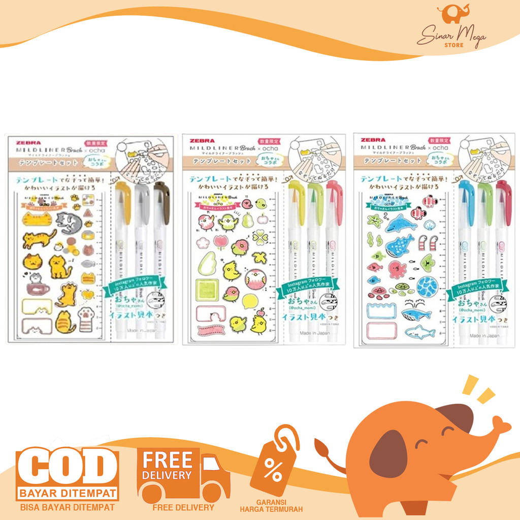 

Zebra Mildliner x Ocha Paket isi 3 / Spidol Brush Pen Set Stiker Highlighter Lettering