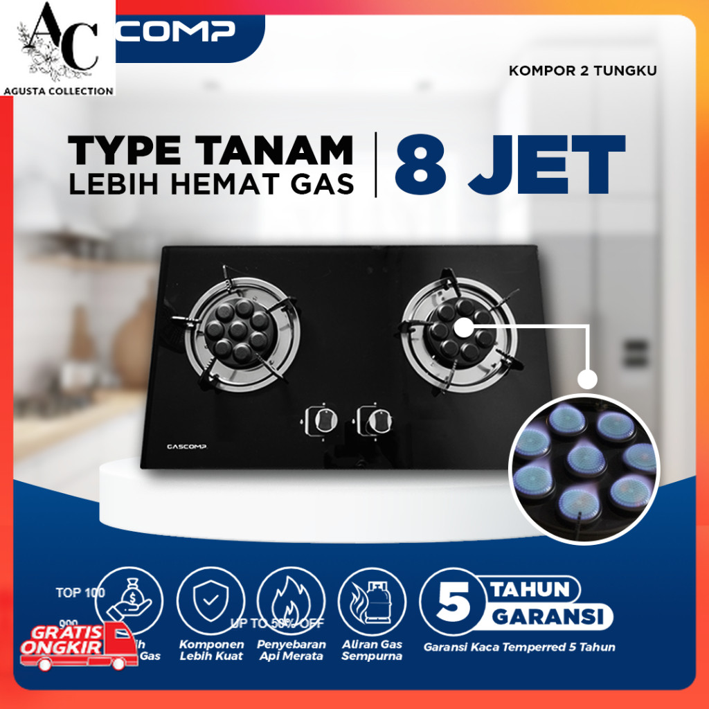 Kebutuhan Dapur / GASCOMP Kompor Tanam Kaca 8 JET Kompor Gas 2 Tungku 8 JET Spesial Kompor Tanam Bur