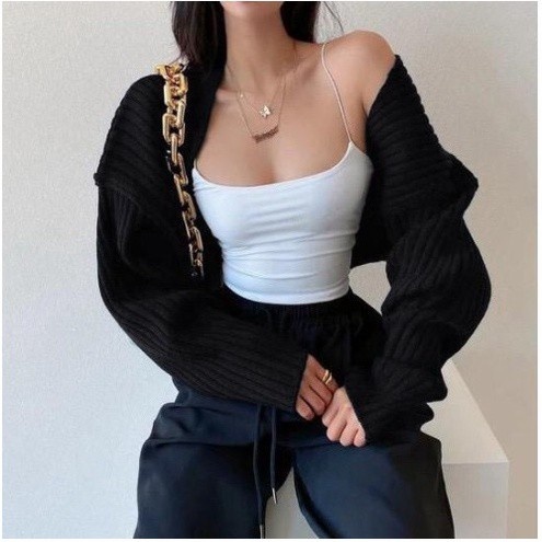 ✨LARIS✨ -Liam Oversize Crop Cardigan / Bolero / Outer Knit Premium / Crop Cardy - Putih BW, Oversize