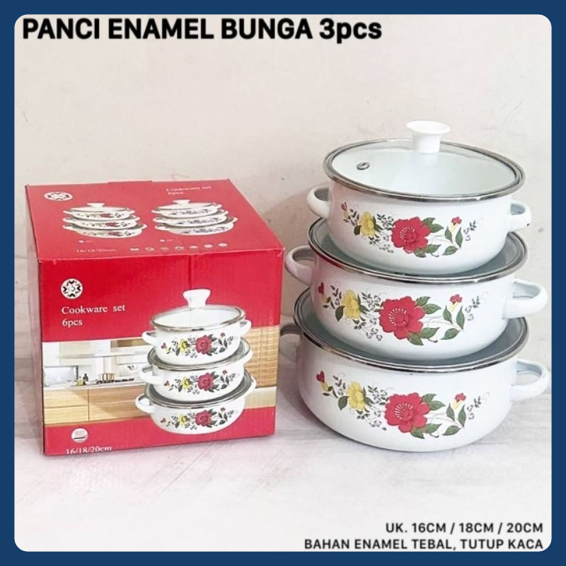 Panci Set 3 Susun Enamel Bunga