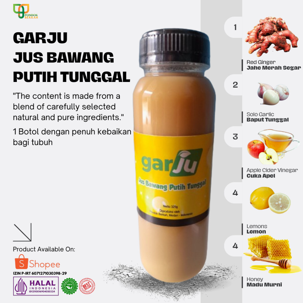 

GARJU Jus Bawang Putih Tunggal Jahe Merah Lemon Cuka Apel Madu Asli Isi 250ml Terlaris