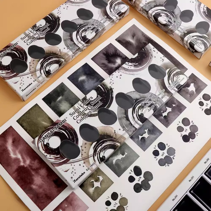 

Japanese Kuretake GANSAI TAMBI Solid Layered Watercolor Pigment Sumi Color 6 Color Artist Beginner Painting Art Supplies