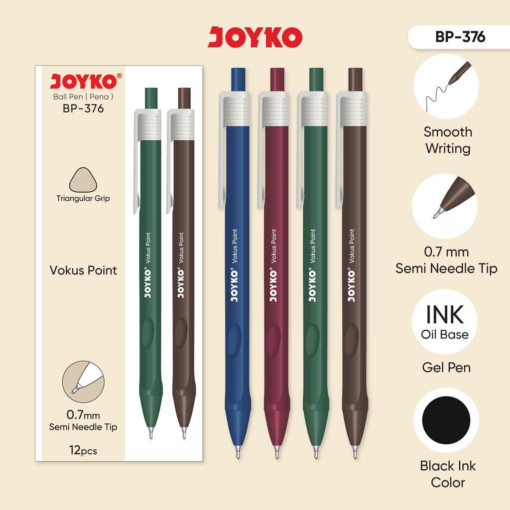 

JOYKO Ball Pen Pulpen 1 Pack BP-376 Vokus Point 0.7mm Isi 12 Pcs