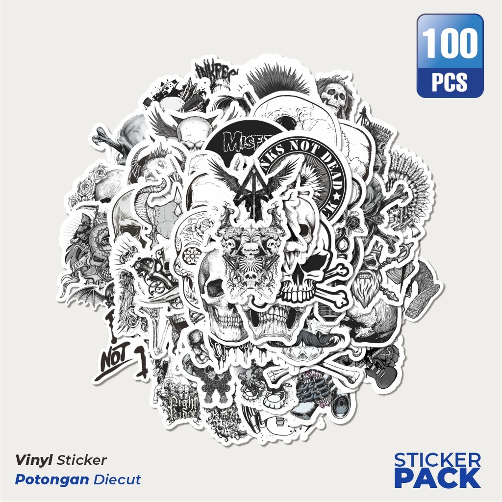 

Stiker Vinyl Stiker Punk Skull & Monster Art Classical Black & White Waterproof Aesthetic- Untuk Laptop, Motor, dan Helm - Paper Stationery Pack