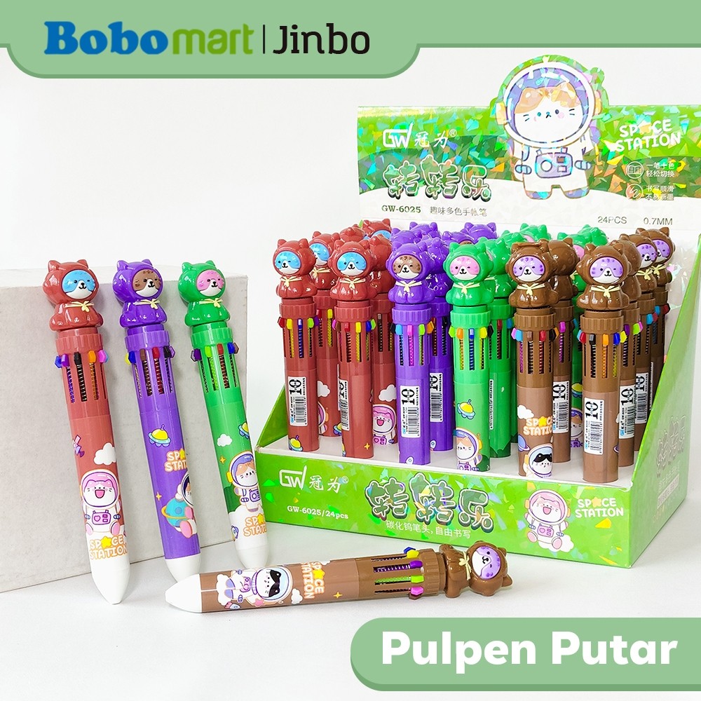 

BOBOMART Ball Pen Pulpen Pena 10 Warna GW-6025 0.7 mm Cat Space Station Karakter Bisa Diputar