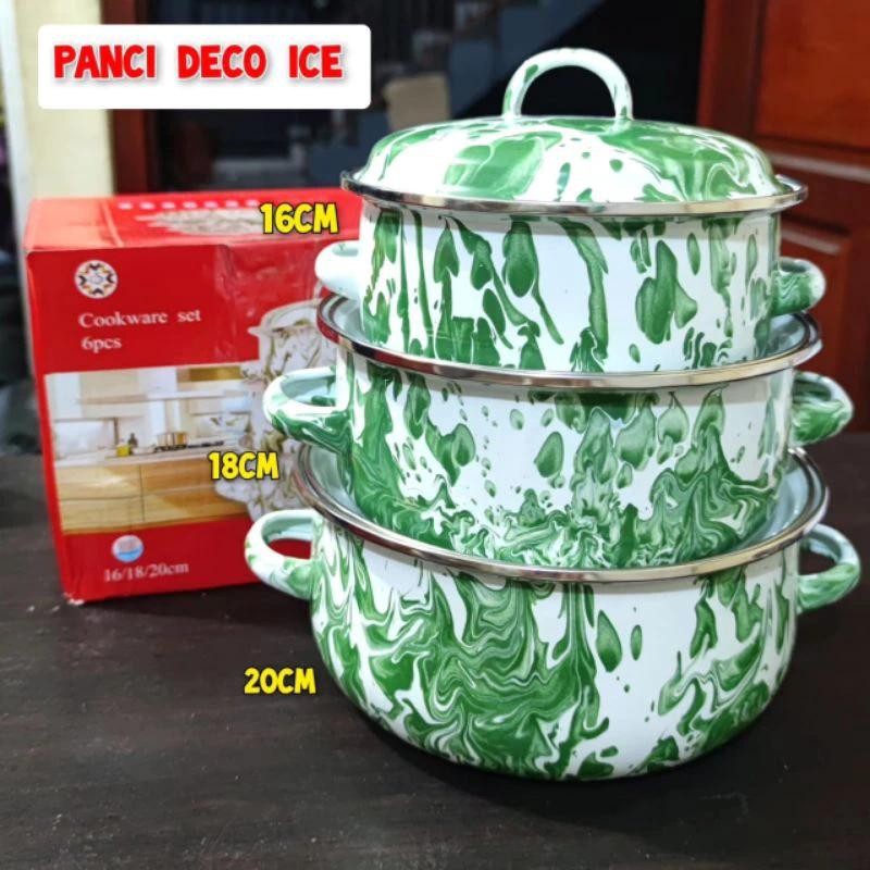 Panci Deco Ice 16/20cm M-PI244 | Panci Set Enamel 3 pcs / Panci Labu Blirik Hijau / Panci Jadul Moti