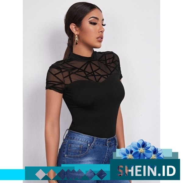 SBcollen Mock-neck Geo Mesh Yoke Tee