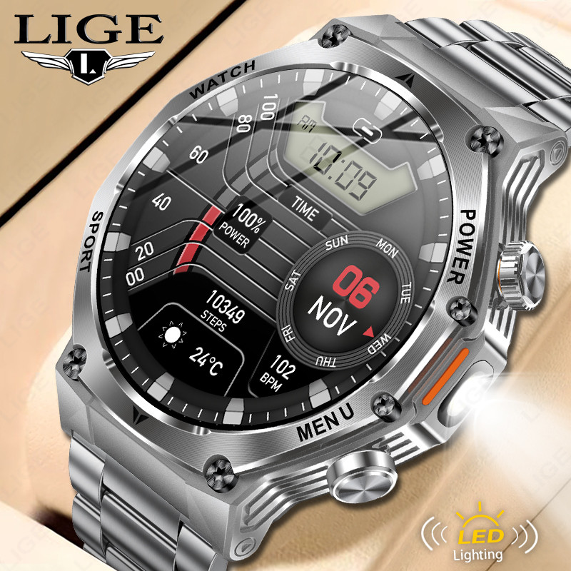 LIGE Steel Smart Watches Men 800mAh Battery Flashlight LED 1.8 HD Screen Display Heart Rate Bluetoot