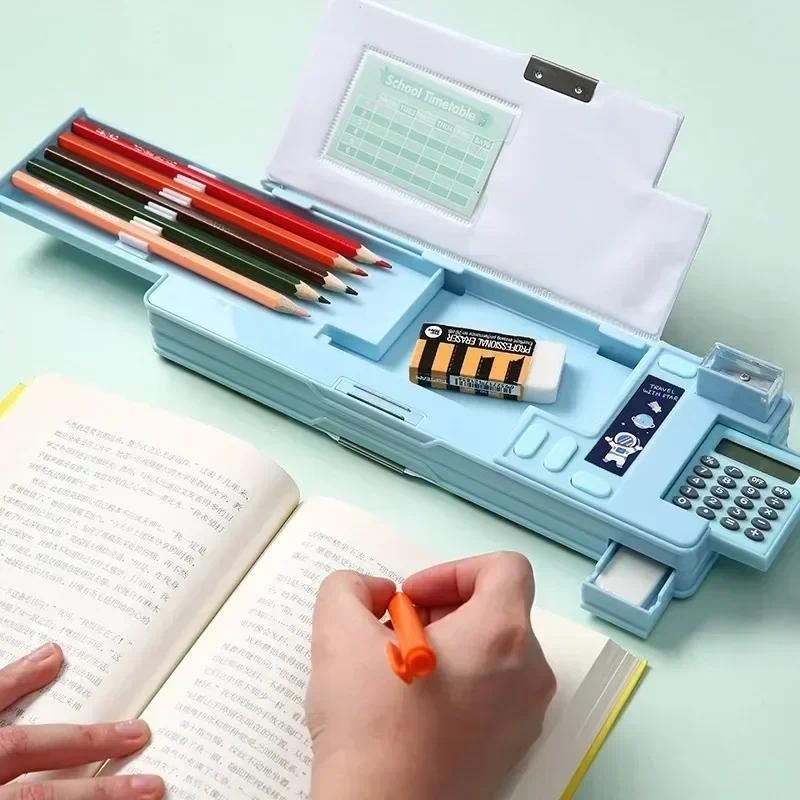 

Creative Multi-functional Plastic Stationery Box for Primary School Students Double-sided Magnetic Pencil Calculator Sharpener