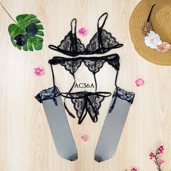 Set Daleman Lingerie Seksi Wanita Stocking Garter Lace Hitam AC36A
