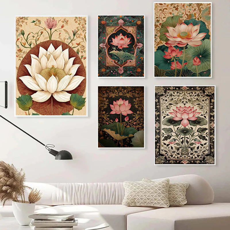 

Modern Classic Flowers Pink Lotus Lndian Art Retro Posters Prints Canvas Painting Wall Art Picture Living Room Home Decor