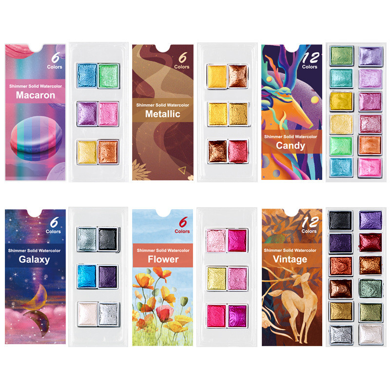 

Shimmer 6/ 12 Colors Solid Watercolor Paint Flash Retro Pearlescent metal Macaron Candy Colours Set for Art Painting Nail Design