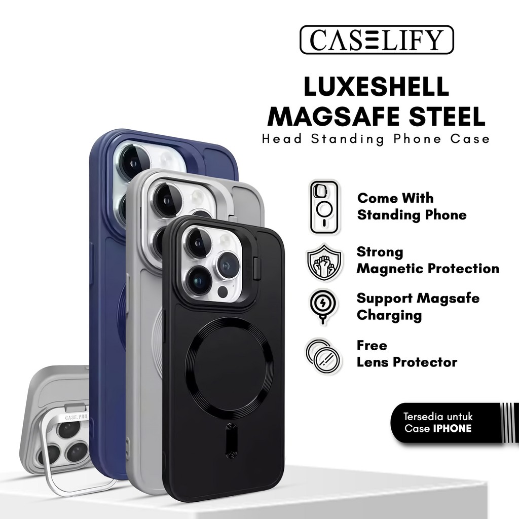 CASELIFY luxeshell magsafe hard standing phone case bonus free lens protector compatible with iphone