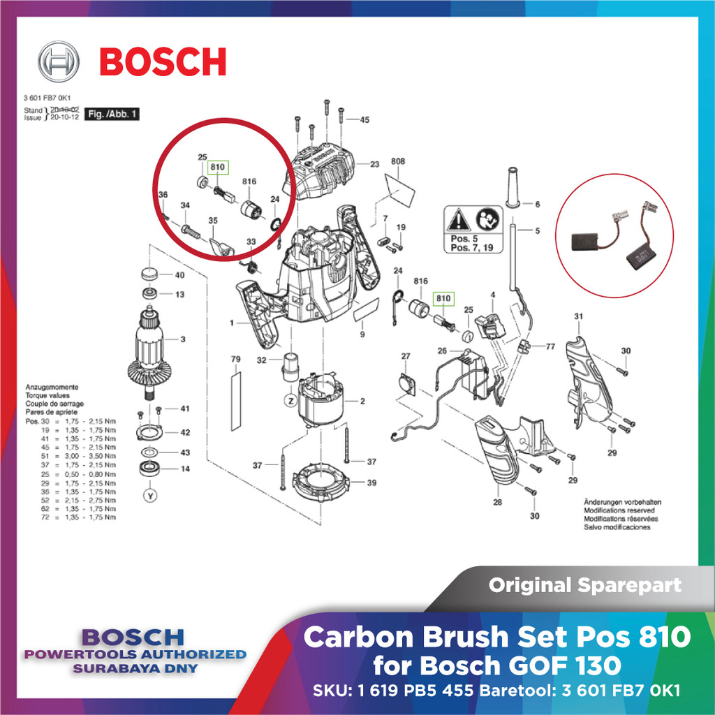 Original Sparepart Bosch Carbon Brush Set for Mesin Bosch GOF 130