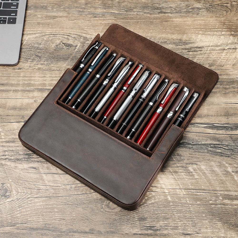 

Luxury Genuine Leather 12 Slots Fountain Pen Case Box Office School Stationery Pen Storage Pouch Holder with Removable Pen Tray