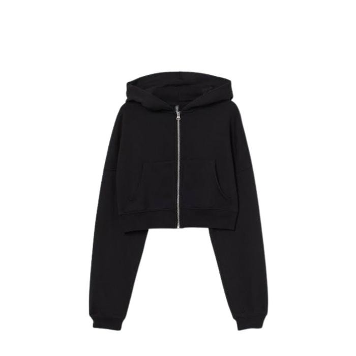 zipper crop wanita hoodie zipper crop hoodie hnm h&m zipper crop top - Hitam, M